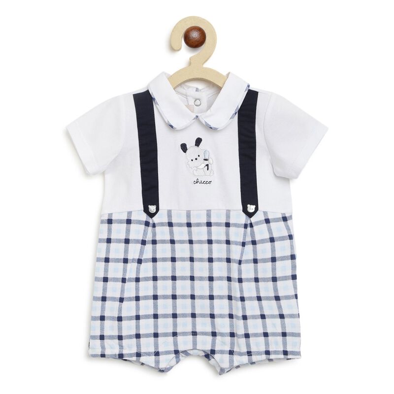 Boys White & Light Blue Checkered Short Sleeve Romper image number 0